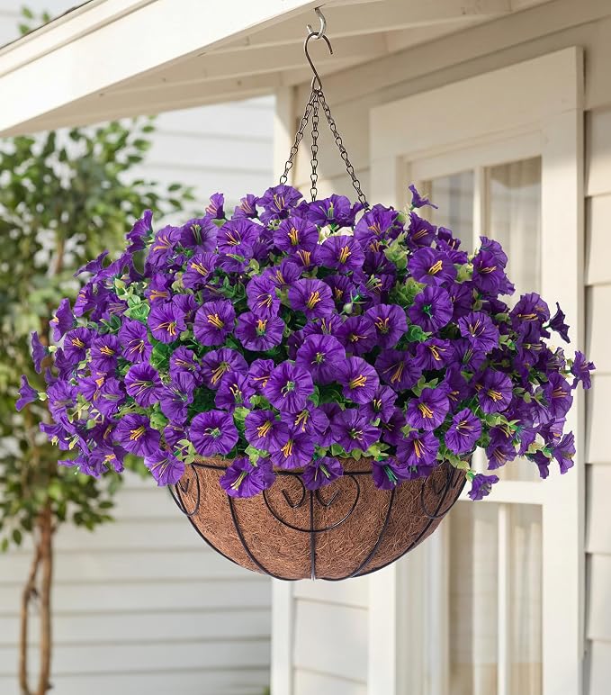Artificial Fake Hanging Flowers Plants Basket for Outdoors Spring Decoration, Realistic Faux Silk Morning Glory for Outdoor Planters UV Resistant Artificial Flowers for Outside Porch Garden, Purple