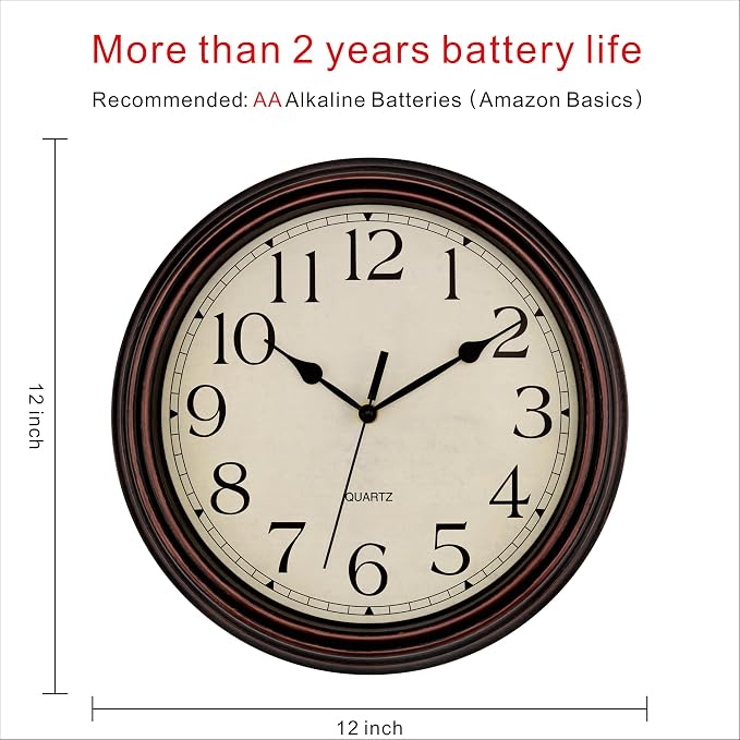 Foxtop Retro Silent Non-Ticking Round Classic Clock Quartz Decorative Battery Operated Wall Clock for Living Room Kitchen Home Office 12 Inch (Bronze)