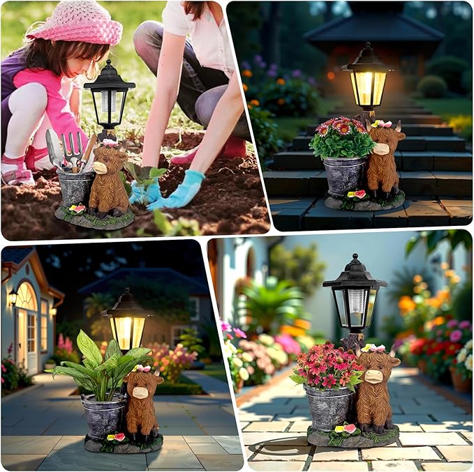 Solar Highland Cow Outdoor Garden Statues with Flowerpot & Lantern Decor | Highland Cow Figurine for Yard Art Lawn Ornaments Porch Patio Balcony - Birthday Gifts for Women Mom