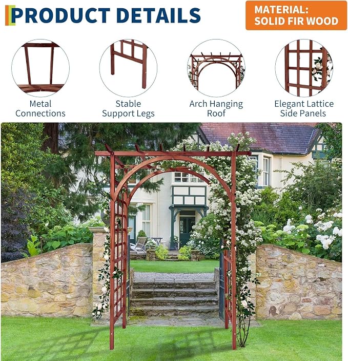 Garvee 85 in Wooden Garden Arbor,Solid Fir Wood Trellis for Plant Climbing,Wedding Ceremony Decoration Pergola for Garden Backyard,Lawn,Teak