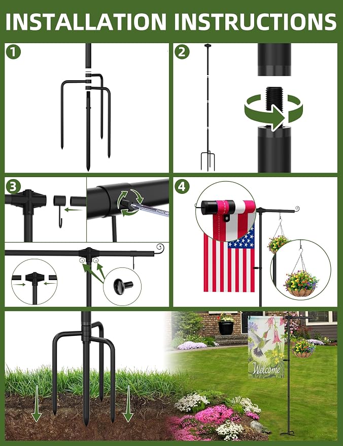 Garden Flag Holder Stand with Shepherds Hooks, 51 Inch Extra Thick Weather-Proof Powder-Coated Yard Flag Holder with 4 Prong Base, Heavy Duty 3/4 inch Aluminum Stand, Suitable for 12x18 Flag