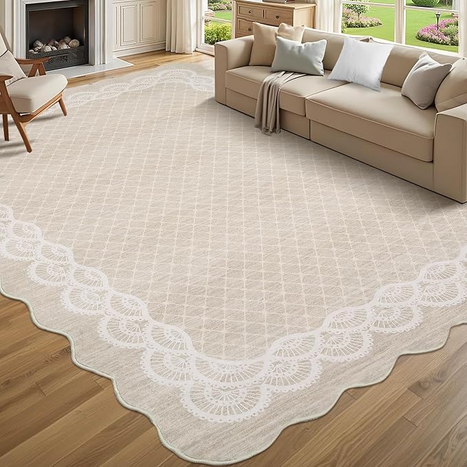 Garvee Washable Scalloped 8x10 Area Rug for Living Room Lace Beige Rug | Soft Non Slip Rugs for Bedroom, Low Pile Neutral Rug, Stain Resistant Foldable Carpet for Playroom Dorm, Farmhouse Rugs