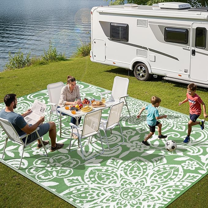 Findosom Waterproof Outdoor Rug 5' x 8' - Reversible Mandala Outdoor Plastic Straw Rug, Durable Foldable Patio Rug for RV, Deck, Balcony, Backyard, Picnic, Porch, Camping, Beach, Green