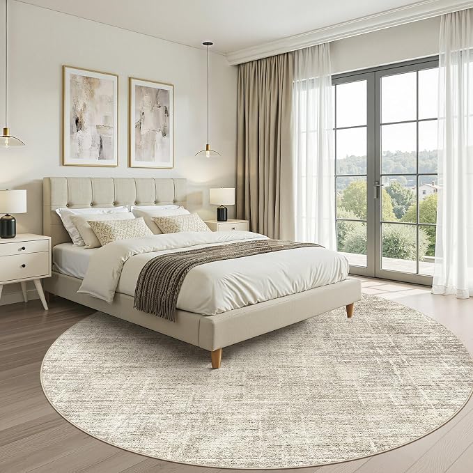 LOONGRUG Round Rug 6x6 Washable Neutral Modern Rug for Living Room Brown | Circle Abstract Soft Stain Resistant Indoor Non-Slip Carpet for Bedroom Nursery Kids Office Playroom