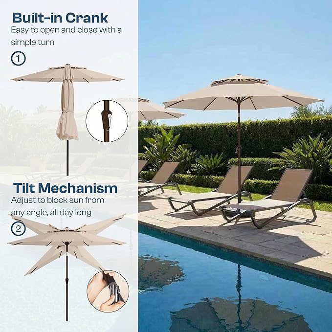 10FT Patio Umbrella, 2 Tier Outdoor Table Umbrella, Large Vented Market Umbrellas with Push Button Tilt and Crank, 8 Sturdy Ribs for Backyard, Deck, Pool, UPF50+ UV Protection