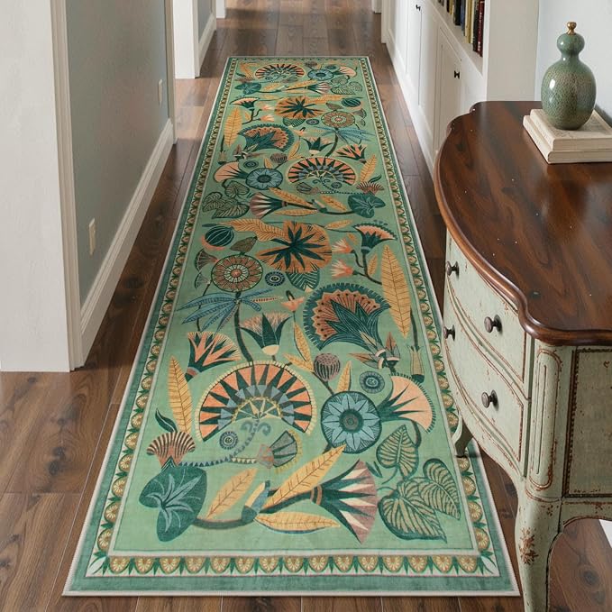 Zealude Floral Kitchen Rugs, 2.5X8 Green Runner Rug for Hallway, Non Slip Rugs for Entryway, Washable Carpet Runner with Rubber Backing, Vintage Rug for Bathroom Bedroom Indoor