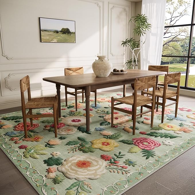 9x12 Area Rugs for Living Room: Washable Bedroom Rug Lightweight Non Slip Low Pile Soft Faux Wool Non Shedding Distressed Vintage Floral Large Carpet for Dining Room Farmhouse Nursery Office Indoor