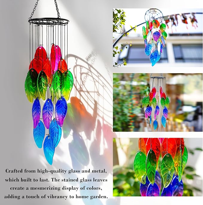 18'' Stained Glass Leaves Wind Chimes for Outside Unique Rainbow Leaves Forest Windchimes Outdoor Decoration Garden Ornament for Christmas Tree