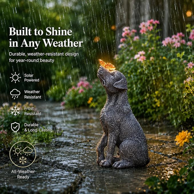 Garden Statue Dog Figurine Decor with Solar Butterfly Outdoor Decoration | Ideal Gifts for Mom Dad or Birthdays,Memorial Yard Lawn Home Decor for Outside
