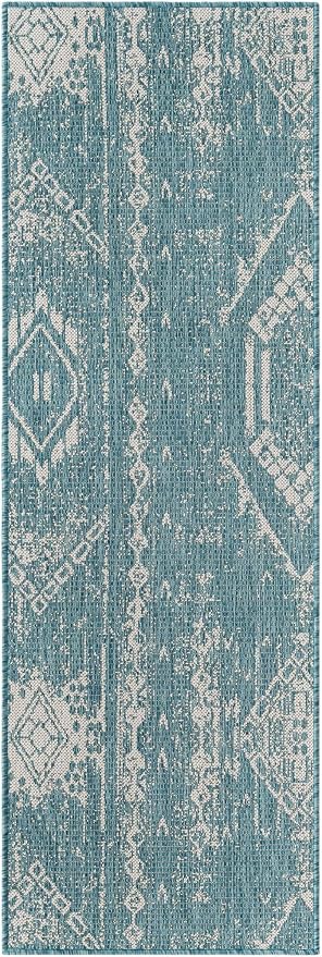 Unique Loom Outdoor Bohemian Collection Area Rug - Anthro (2' x 6' Runner Light Aqua/Ivory)