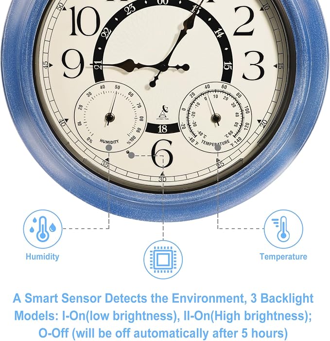 18-Inch Outdoor Wall Clock with Thermometer Hygrometer, LED Auto Light Sensor, Outdoor Clock Waterproof Large Display for Garden Patio Home Decor