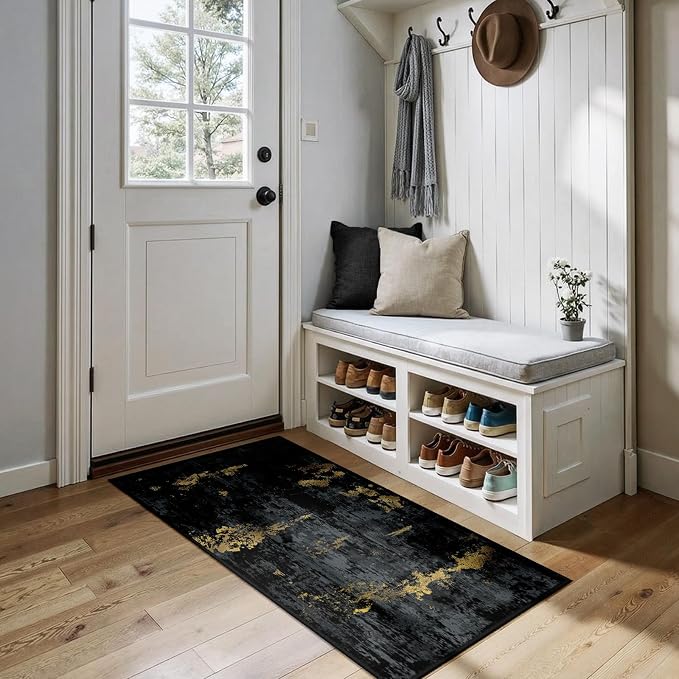 RELEANY Washable 2'x5' Abstract Area Rug for Living Room Black Gold | Carpet for Bedroom, Kitchen, Office, Hallway and Entryway, Printed Pattern, Non‑Slip, Soft, Stain‑Resistant, Easy to Clean