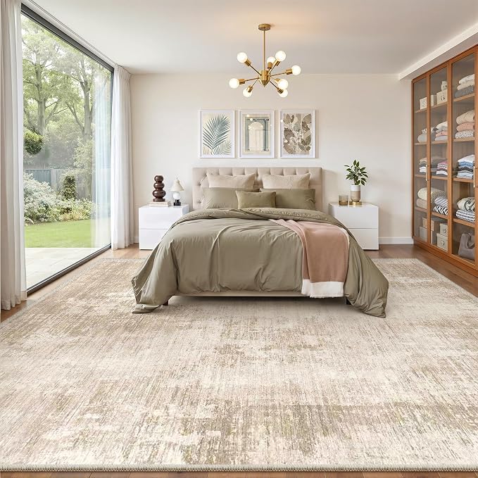 Valenrug 9x12 Area Rug Non Slip, Large Washable Rugs for Living Room Beige | Soft Thin & Lighweight, Folable, Stain Resistant Low Pile Non Slip Modern Distressed Carpet Rugs for Bedroom, Dining Room