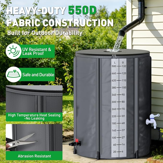 Yesker Collapsible Rain Barrel, 132 Gallon Portable Rainwater Collection System, 550D PVC Water Storage Tank, Rain Catcher with Spigots Filter Overflow Kit, Grey