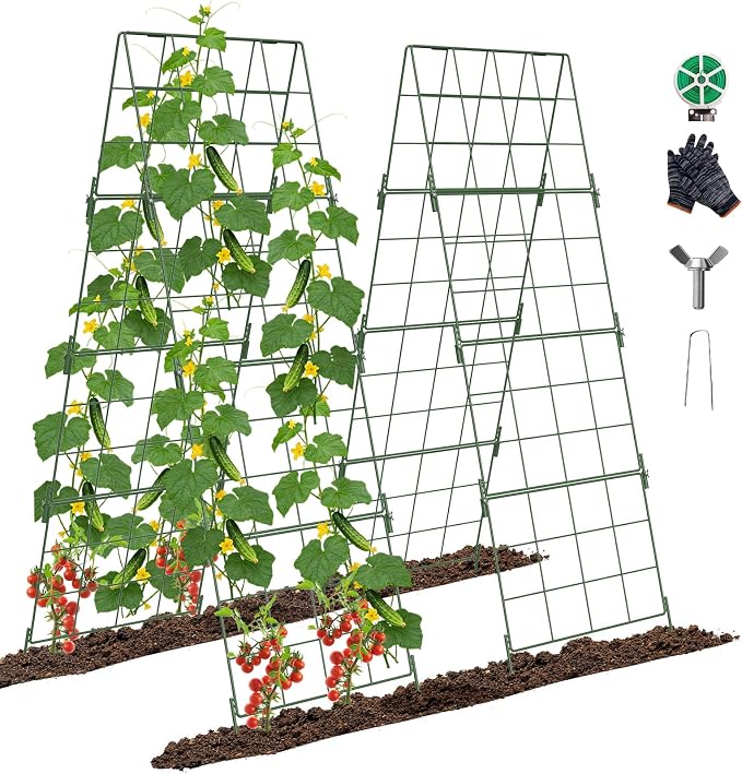 Adjustable A-Frame Trellis for Climbing Plants Outdoor, 48"x32" Cucumber Trellis for Raised Bed, Metal Garden Trellis with Grid Design, Tomato, Grape, Bean, Pea, Squash, Vegetable Trellis (Green)