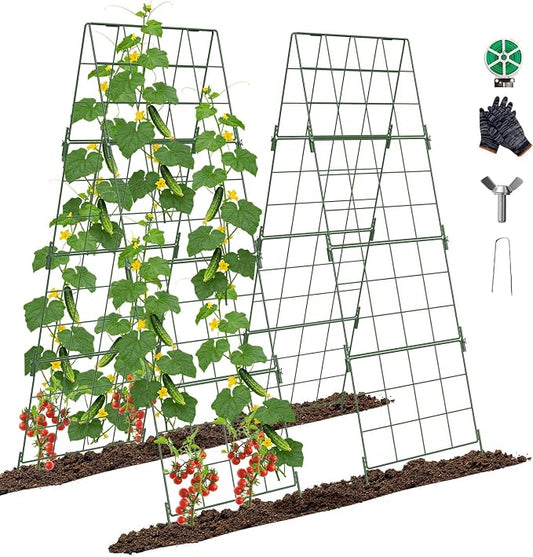 Adjustable A-Frame Trellis for Climbing Plants Outdoor, 48"x32" Cucumber Trellis for Raised Bed, Metal Garden Trellis with Grid Design, Tomato, Grape, Bean, Pea, Squash, Vegetable Trellis (Green)