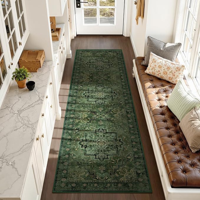 Dark Green 2'6''x8' Kitchen Runner Rug, Retro Distressed Moody Medallion Runners for Hallways Non Slip Washable, Low Pile Thin Entryway Runner Rug Indoor Foyer Mudroom Bedroom