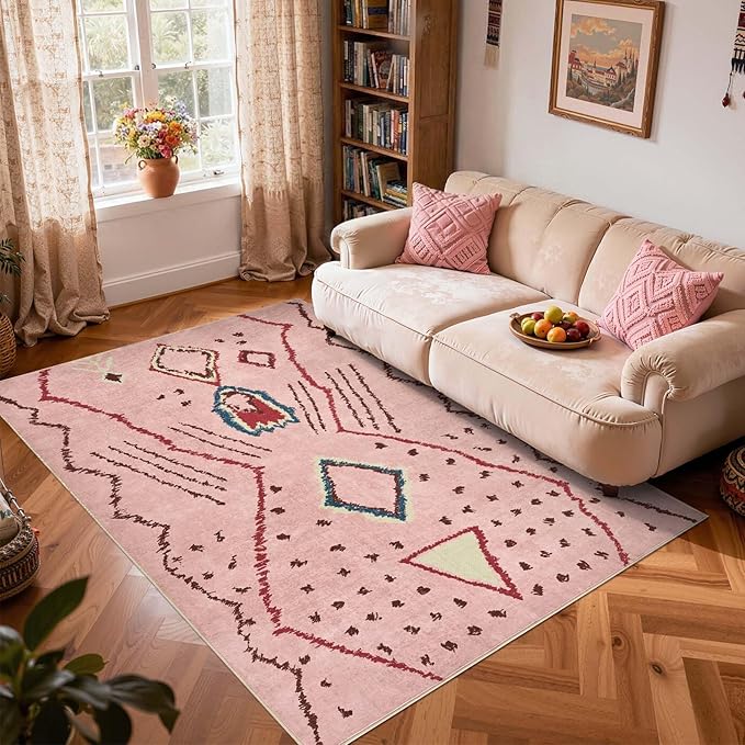 jinchan 5x7 Pink Hot Nerd Rug Modern Boho Geometric Washable Bedroom Rug | Moroccan Inspired, Artistic Pattern, Colorful Details, Washable, Soft Touch, Non-Slip, Low Pile, Living Room, Dining Room