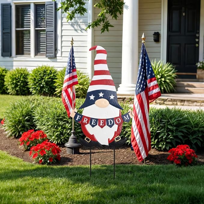 TERESA'S COLLECTIONS 4th of July Decorations, Patriotic Decorations for Memorial Day, 250th Independence Anniversary Metal Gnome Yard Art Stake, Freedom Outdoor Garden Lawn Patio Decor, 27''