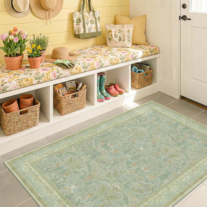 Sage Green 3x5 Area Rug for Entryway, Machine Washable Floral Large Door Mats Indoor Entrance, Non Skid & Low Pile Thin Rugs for Kitchen Bedroom, Reading Corner