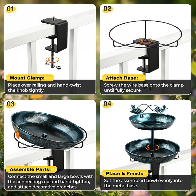 2 in 1 Deck Bird Bath & Feeder for Railing, Metal Birdbath & Birdfeeder with Adjustable Clamp, Detachable Bird Baths Water Bowl, Rustproof Wild Bird Balcony Patio Yard Garden Decor (Lake Blue)