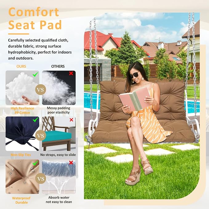 Swing Replacement Cushions for Outdoor: 2-3 Seater Waterproof Porch Bench Cushion with Backrest and Ties - 4" Thick Swing Cushion for Garden Patio Backyard Loveseat