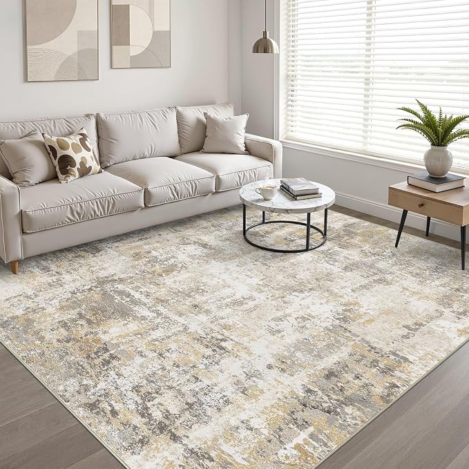 LOONGRUG 6x9 Area Rug Washable Neutral Modern Rug for Living Room Gray Gold | Abstract Soft Stain Resistant Indoor Non-Slip Carpet for Bedroom Nursery Kids Office Playroom Dining Room
