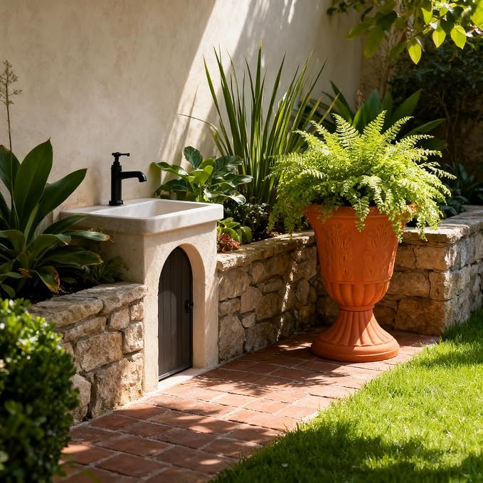 Set of 2 Goblet-Shaped Plastic Planter Urns, Terracotta, Dia 14.6" Large | OUMUHE elegant plastic flower pots with secure buckle base & porous drainage for outdoor porch plants, 16" H × 14.5" D