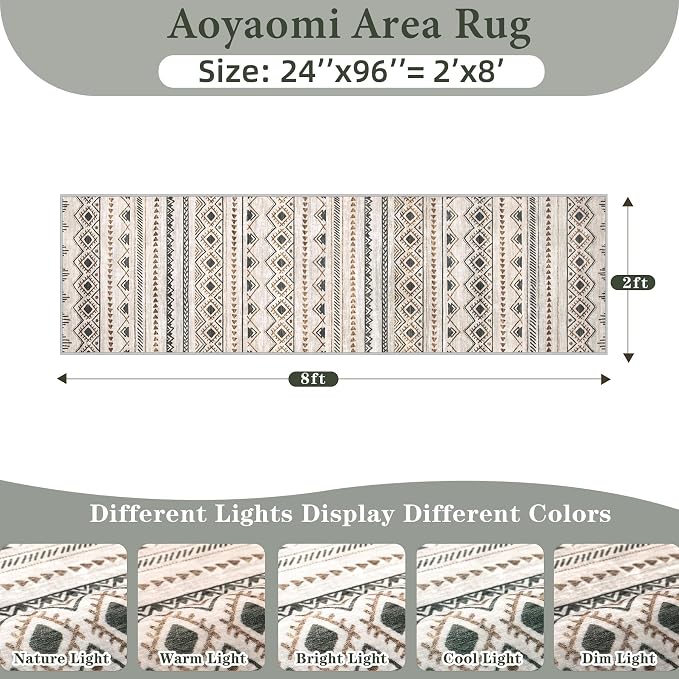 Runner Rug 2x8 Boho Geometric Area Rugs: Washable Kitchen Rug, Soft Non Slip Moroccan Long Hallway Rugs for Bedroom Bathroom Laundry Entryway Staircase Foyer(Brown Green,2'x8')