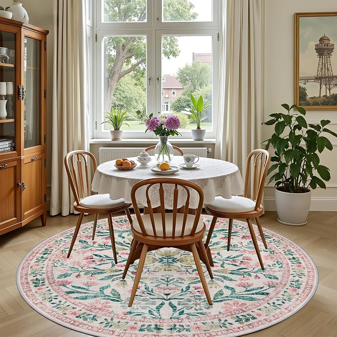 PLHXFR Round Area Rug Living Room: 6 ft Floral Washable Carpet Pink Green | For Bedroom Dining Room Farmhouse Nursery Hallway,Vintage Floral,Machine washable,Non Slip,Stain Resistant,Large Indoor