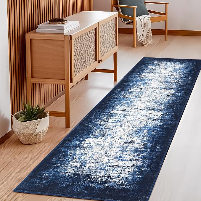 GarveeHome Entryway Rug 2.5x8 Washable Modern Abstract Small Blue | Non-Slip Backing, Stain-Resistant Low Pile Floor Cover, Colorful Indoor Mat, Bedroom, Kitchen, Laundry