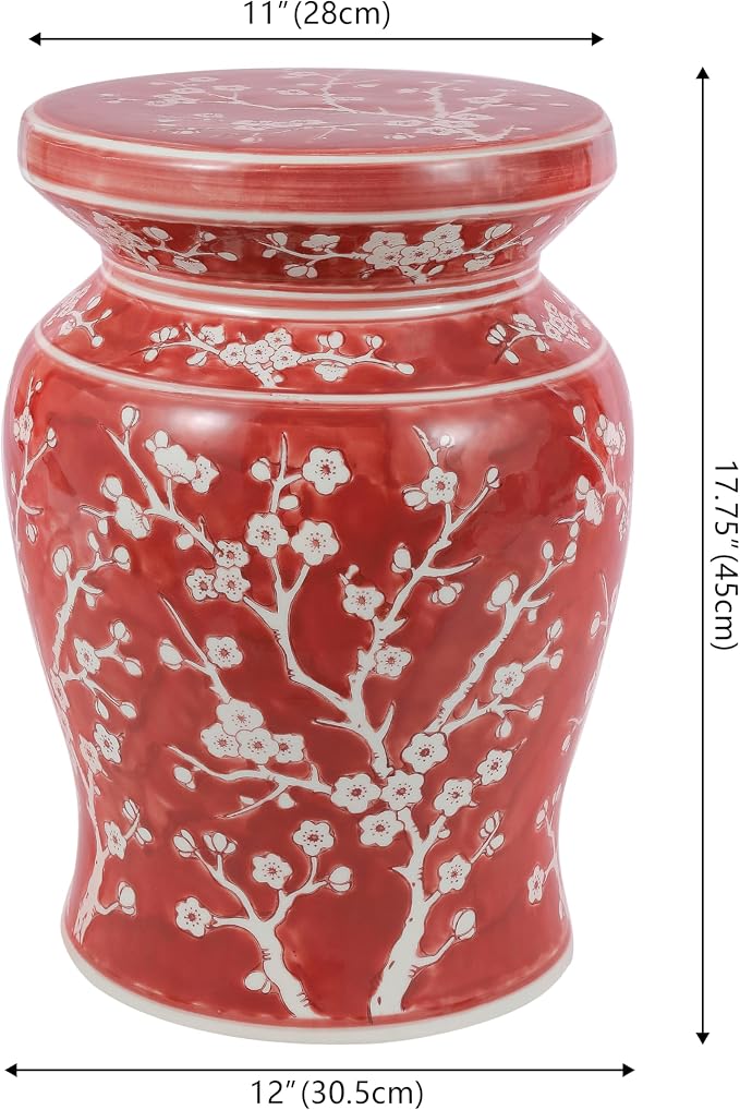 JONATHAN Y Cherry Blossom Ceramic Garden Stool 17.75" Chinoiserie Floral Drum Side Table for Patio and Living Room, Indoor Outdoor Plant Stand, Traditional, Red/White TBL1017B
