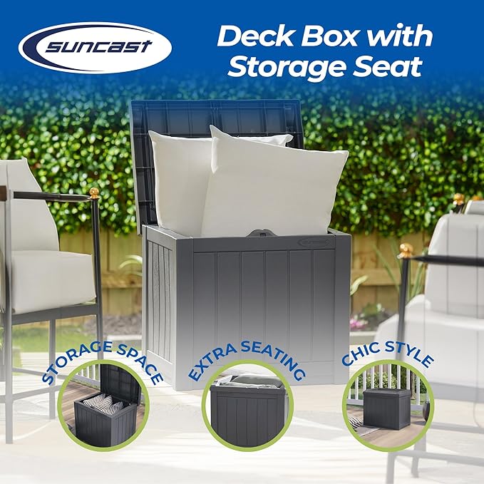 Suncast 2 Pack Small Deck Box Storage w/Bench Seat for Indoor & Outdoor Use, 22 Gal., Cyberspace
