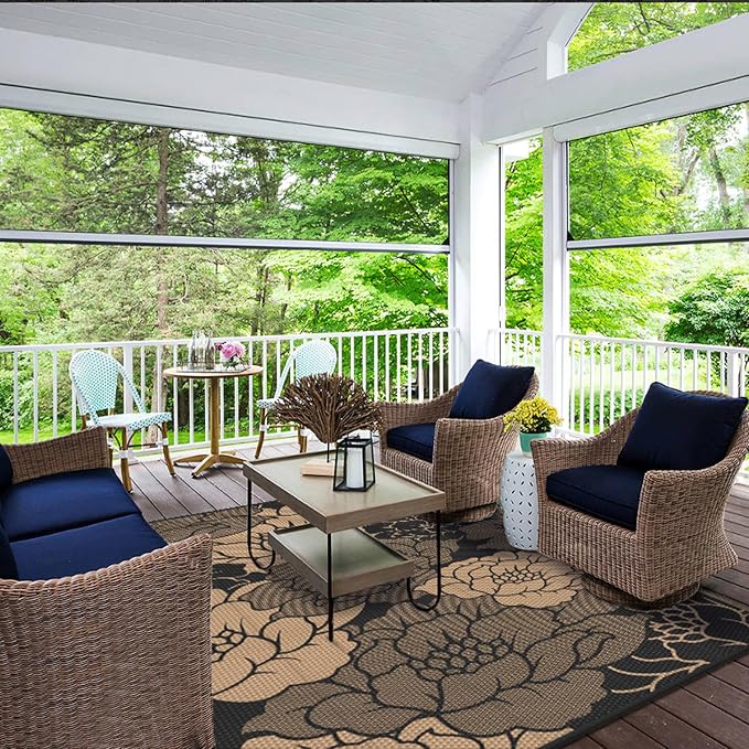 GENIMO Outdoor Rug Waterproof for Patio Decor, 5' x 8' Reversible Plastic Straw Floral Camping Carpet, Large Area Rugs Mats for RV, Camper, Deck, Balcony, Porch, Beach, Picnic, Mix-Black & Brown