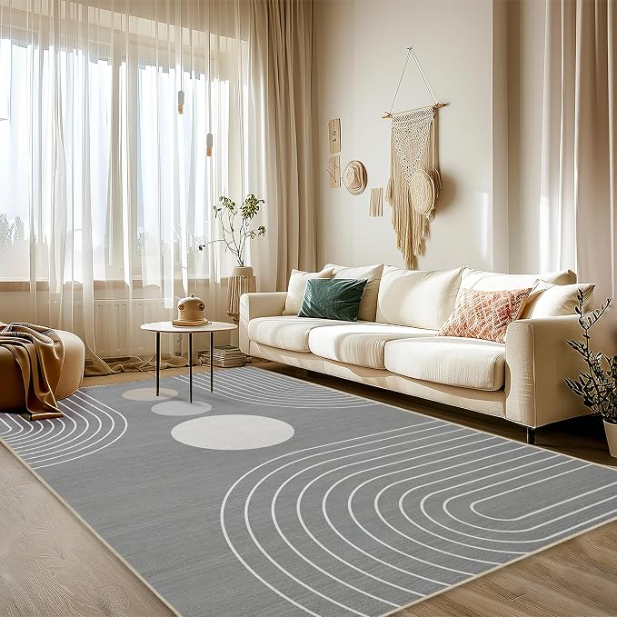 Area Rug 5x7 Boho Modern Minimalist Geometric Abstract Rug Grey Mid Century Modern Rug for Living Room Machine Washable Non-Slip Printed Low Pile Indoor Carpet for Bedroom Dining Room Office Gray