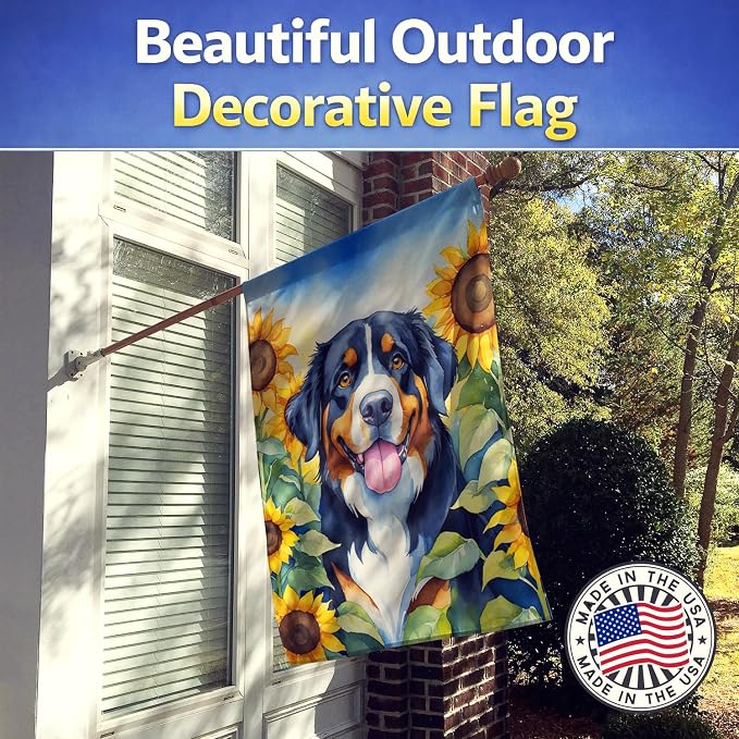 Caroline's Treasures DAC6026CHF Bernese Mountain Dog in Sunflowers House Flag Large Porch Sleeve Pole Decorative Outside Yard Banner Artwork Wall Hanging, Polyester, House Size, Multicolor