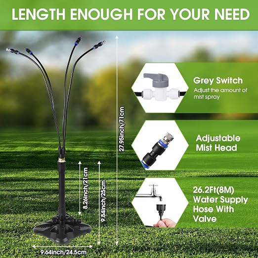 Standing Misters for Outside Patio, Adjustable Mister Cooling System with 26.2Ft(8M) Misting Line,Portable Standing Patio Mister Hose for Kids Water Playing, Pet Cooling, Pool, Garden Watering