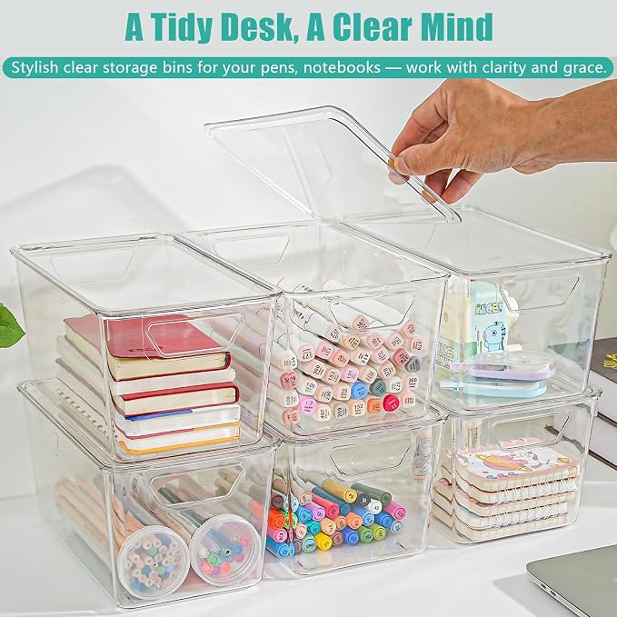 6 Pack Medium Clear Storage Bins with Lids, Acrylic Arts and Craft Storage Containers, Stackable Clear Plastic Craft Storage Bins with Handles for Pantry Organizers and Storage, Kitchen, Fridge,Office