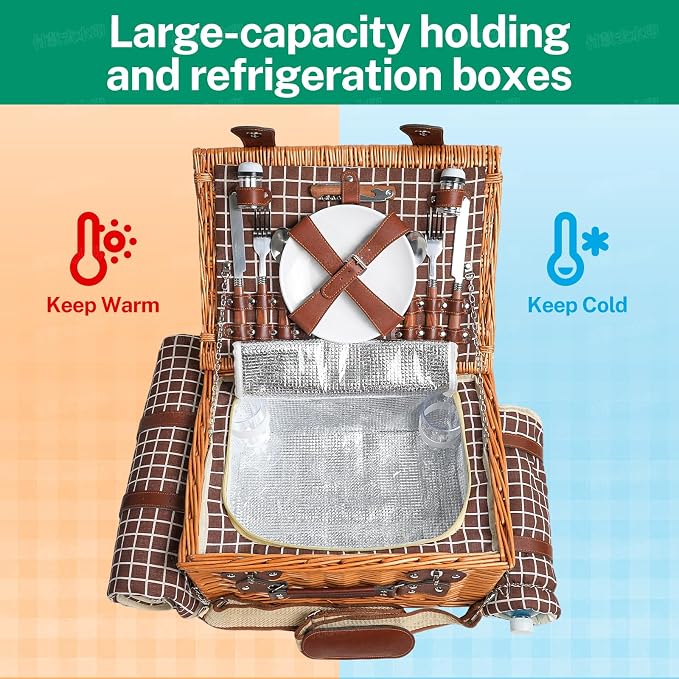 Double Picnic Basket with Large,Insulated Cooler Bag and Waterproof Picnic Blanket, Handmade Wicker Basket Set with Cutlery for Picnics, Camping, Beach