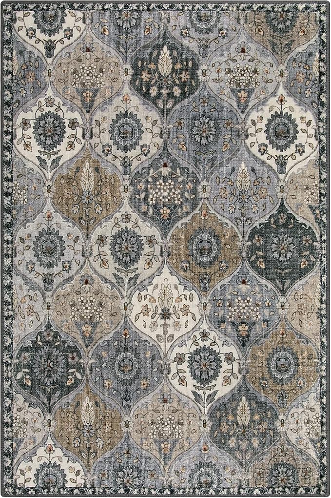 Lahome Moroccan Machine Washable Rugs, 4x6 Area Rug for Living Room Bedroom | Soft Non-Slip Rug Vintage Trellis Ultra-Thin Throw Carpet for Dining Room Office Elise, Grey