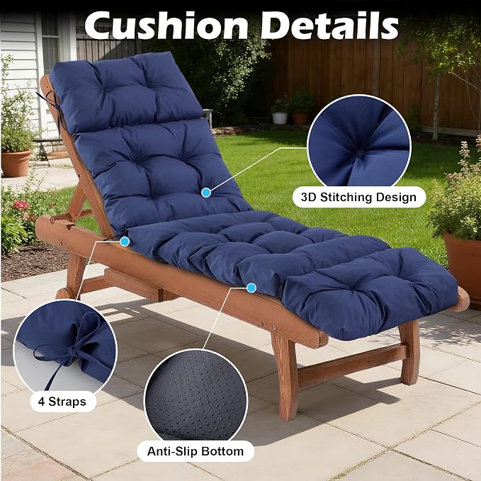 2 Pcs Chaise Lounge Cushions Outdoor,Waterproof & Fade Resistant Patio Lounge Chair Cushions for Outdoor Furniture, Chaise Cushion with Ties for Pool, Lawn and Beach, 75.1x22.8x4.7 Inch, Navy Blue