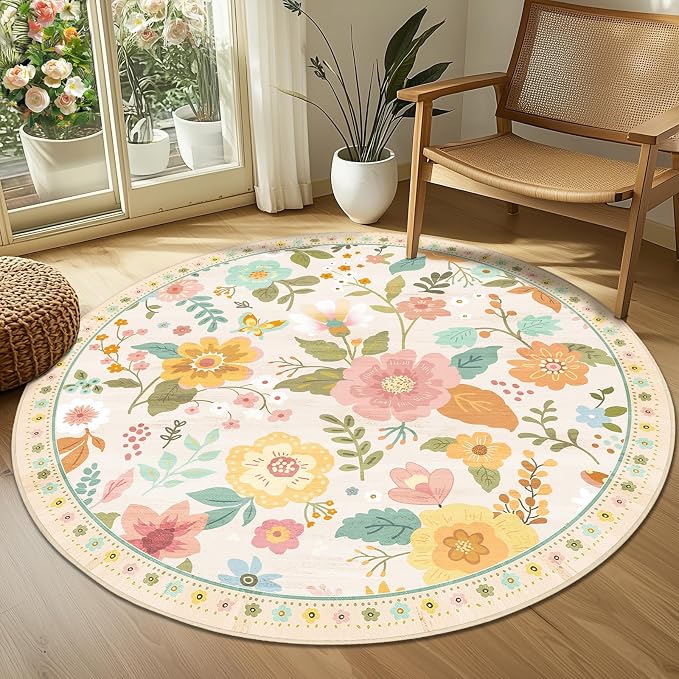RELEANY Floral Washable Round 6ft Area Rug Beige/White/Orange | Flower Carpet, Print, Boho, Non-Slip, Easy to Clean, Soft, Low Pile for Living Room Bedroom Kitchen Office Entryway Hallway