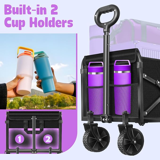 Wagon Cart Foldable,360Lbs Collapsible Wagon Cart with Wheels Portable, All Terrain Outdoor Utility Carts for Groceries, Camping, Sports, Garden, Shopping, Black