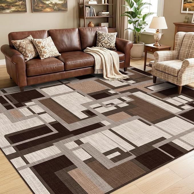 Modern Geometric Area Rug for Living Room, Coffee Brown Washable Rugs 5x7 | Chocolate Patchwork Blocks Non-Slip Indoor Carpet for Bedroom Dining Room Office | Abstract Soft Low-Pile Floor Rug