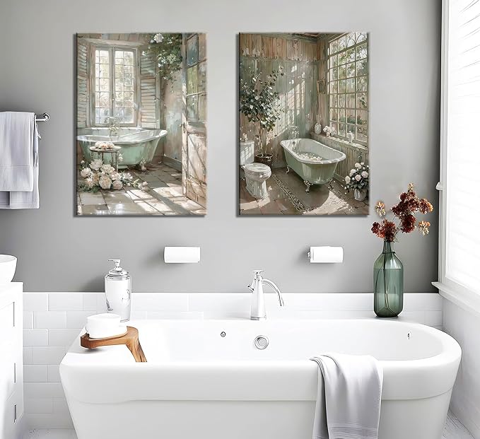Vintage Farmhouse Theme Bathroom Canvas Wall Art Bathtub With Flowers Poster Print Painting Rustic Farmhouse Window Wall Decor Sunlit Floral Bathroom Pictures Artwork for Toilet Restroom Decoration