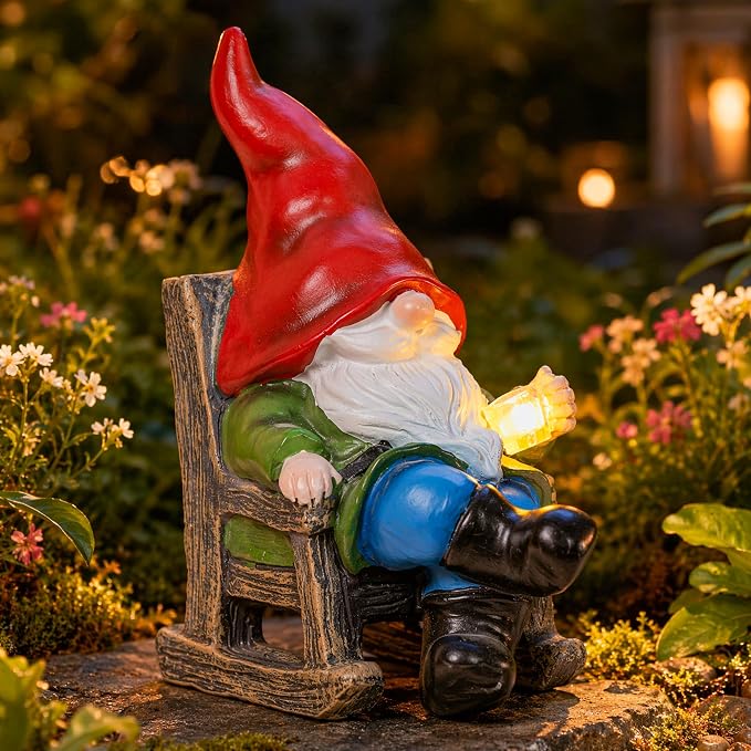 Solar Garden Gnomes Outdoor Statue with Rocking Chair and Teacup Decor, Lawn Decor for Yard, Patio, Balcony, Porch, Funny Gnomes Gift for Mom Women Men Dad Grandma
