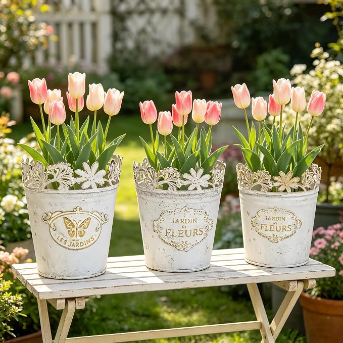 Set of 3 Vintage French Country Planters, Distressed White Metal Flower Pots with Lace Cutout Rim, Plant Pots for Succulents, Herbs, Indoor Outdoor Home Garden Decor (White - Set of 3)