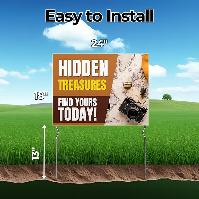 Hidden Treasures - Find Yours Todday! Yard Sign by DC | 24"x18" Double Sided Conv. Store Garden Sign with 13” Metal Stakes | Outdoor Signs Waterproof for Lawn, Patio, Sidewalk & House | Set of 4