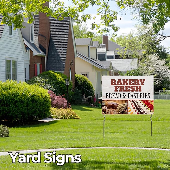 Bakery Fresh - Pastries & Bread! Yard Sign by DC | 24"x18" Double Sided Conv. Store Garden Sign with 13” Metal Stakes | Outdoor Signs Waterproof for Lawn, Patio, Sidewalk & House | Set of 4