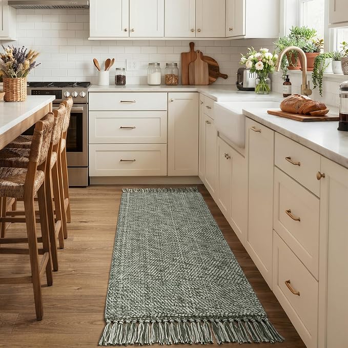 Sage Green Bathroom Runner Rug, Machine Washable Kitchen Rugs | 2'x5' Boho Hand-Woven Entryway Rugs Runners for Hallway, Modern Farmhouse Laundry Carpet Indoor Front Door Mat for Bedroom